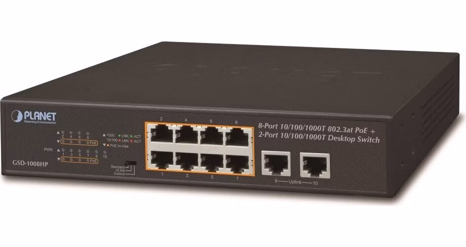 Planet GSD-1008HP, PoE switch 8x PoE 802.3at 120W+ 2x 1000Base-T, VLAN, extend mód 10Mb/s do 250m