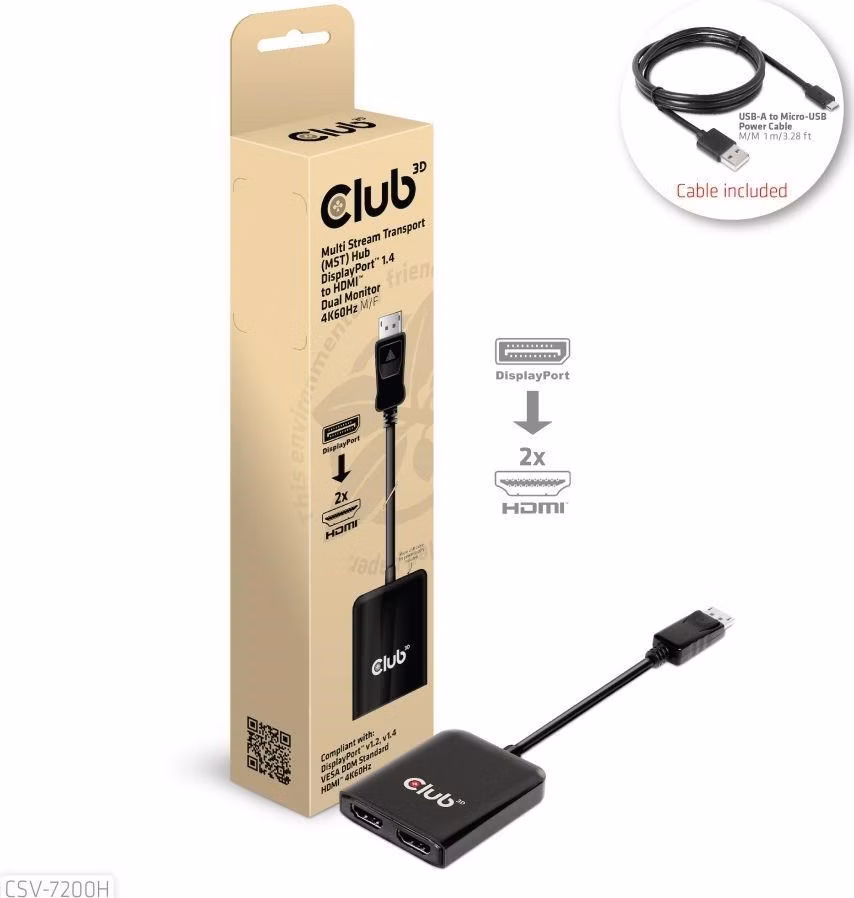 Club3D hub MST (Multi Stream Transport) DisplayPort 1.4 až 2xHDMI duálny monitor 4K60Hz (M/F)