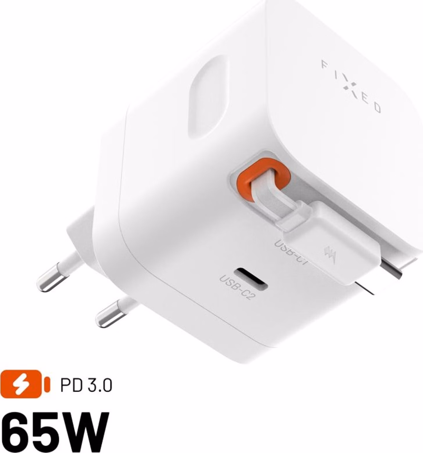 FIXED Sieťová GaNnabíjačka s 2xUSB-C výstupom PD 3.0, so samonavýjacím káblom, 65W, biela