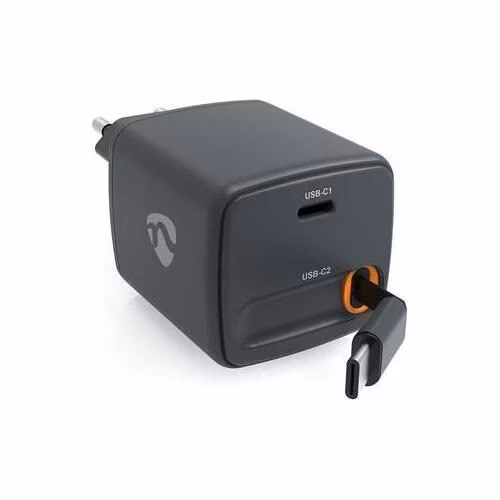 Nedis WCHARC65WBK - Síťová Nabíječka | 65 W | GaN | PD3.0 | 2výstupy: USB-C / Zatahovací kabel USB-C | Černá