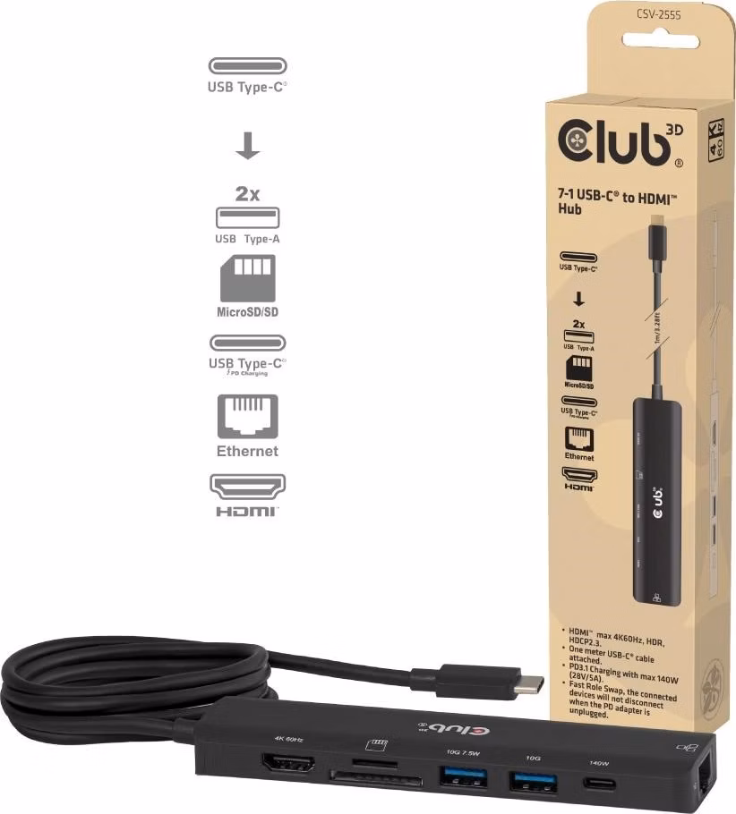 Club3D hub USB-C, 7-in-1 hub s 2x USB, 1xHDMI, 1xUSB-C PD, RJ45, microSD/SD, 140W, 4K60Hz, 1m kabel