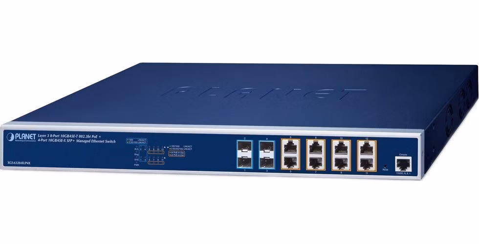 Planet XGS-6320-8UP4X L3 switch, 8x10Gb, 4x10Gb SFP+, 8x PoE 802.3bt 420W, 0~50°C , QoS