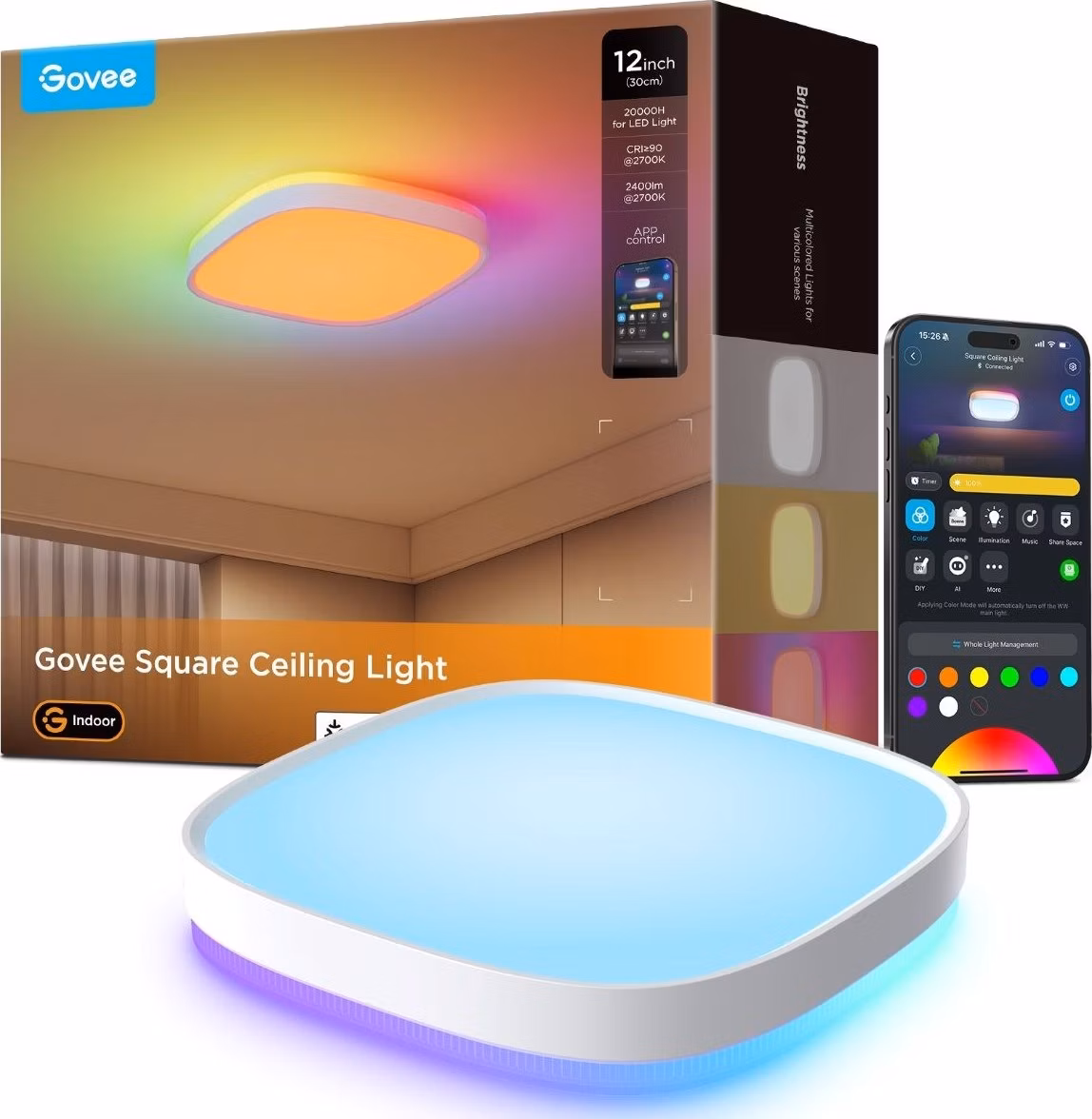 Govee RGBICWW Smart čtverhranné stropní světlo 2400lm 30cm Matter