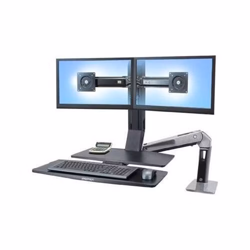 ERGOTRON WorkFit-A II, Dual, 5" Lift Engine and Worksurface, Polished Aluminum,stol,drž. 2x mon.,kláv.deska