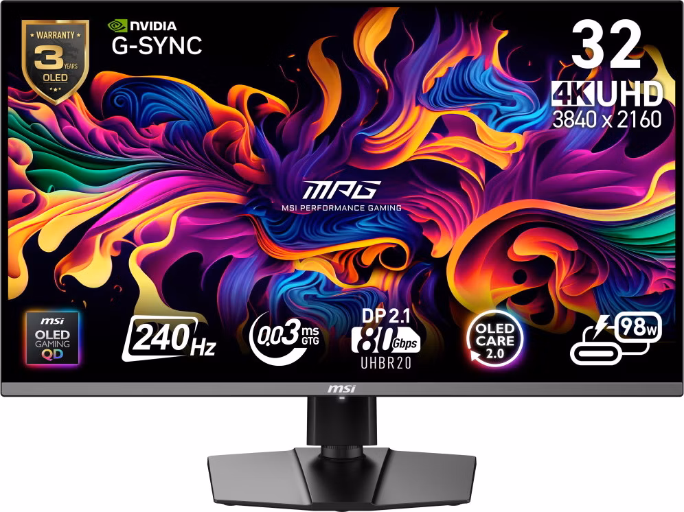 MSI Gaming MPG 322URX QD-OLED/ 31,5"/ 3840x2160 / OLED/ 0,03ms/ 240Hz/ 250cd/m2/ 1500000:1/ HDMI/ DP/ VESA/ USB/černý
