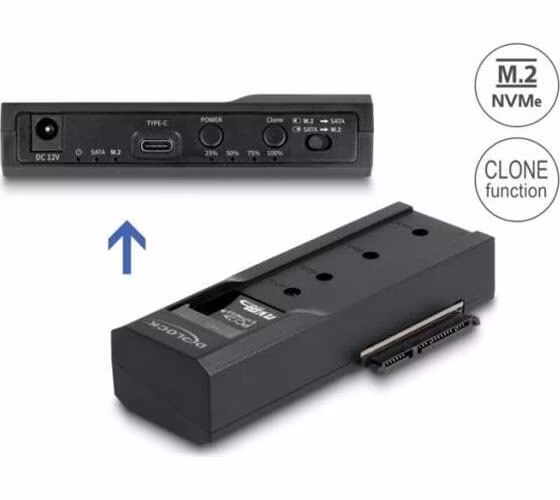 Delock Převodník USB Type-C™ pro 1 x SSD M.2 NVMe + 1 x SATA SSD / HDD s funkcí klonování