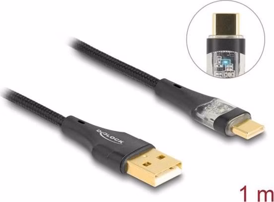 Delock Kabel ze zástrčky USB 2.0 Typ-A na zástrčku USB Type-C™, s funkcí rychlého nabíjení 60 W, průhledný, 1 m