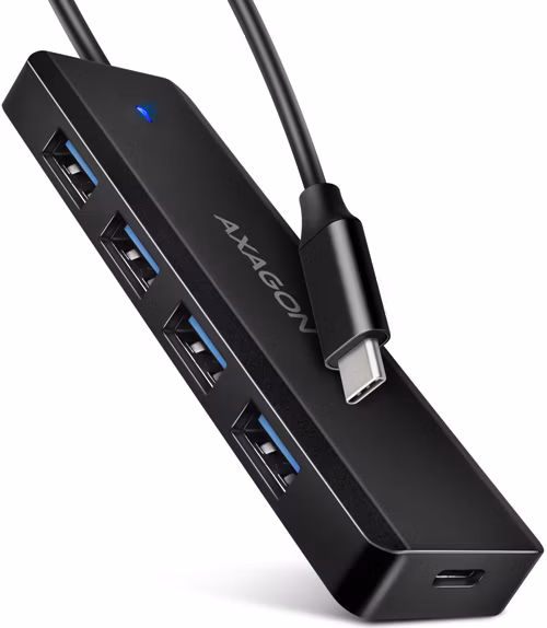 AXAGON HUE-C1C cestovní čtyřportový USB-C 5Gbps hub/USB-C konektor pro externí napájení/kabel 19 cm
