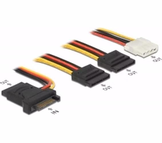 Delock Napájecí kabel SATA 15 pin samec > 3 x SATA samice + 1 x Molex 4 pin samice 20 cm (PCB)