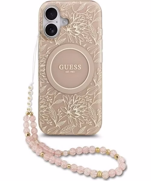 Guess IML Flowers Allover Strap MagSafe kryt iPhone 17 ružový