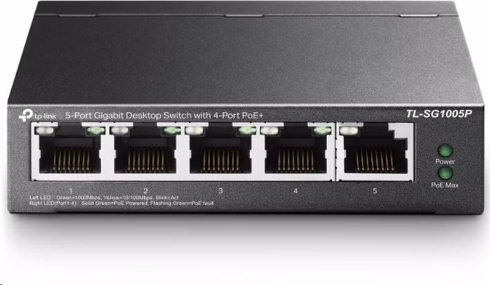 5-Port Gigabit Desktop Switch with  4-Port PoE+  PORT: 4× Gigabit PoE+ Ports, 1× Gigabit Non-PoE Port SPEC: 802.3af/at,