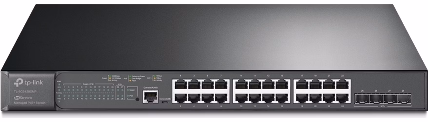 Omada 24-Port PoE+ Gigabit L2+ Managed Switch with 4 10GE SFP+ Slots PORT: 24× Gigabit PoE+ Ports, 4× 10G SFP+ Slots, R