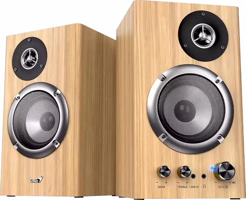 Genius SP-HF1812BT Reproduktory, 2.0, 50W, Bluetooth 5.3, 3,5mm jack, dřevěné, světle hnědé