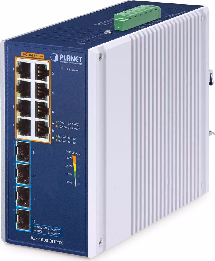 Planet IGS-1000-8UP4X průmyslový L2 switch, 8x1Gb, 4x10Gb SFP+,8x PoE 802.3bt 240W, -40~75°C, dual 48-54VDC,IP30,fanless