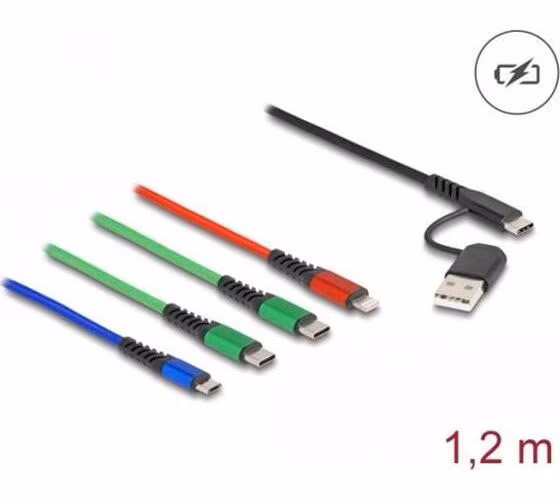 Delock Nabíjecí kabel USB 4 v 1 USB Typu-A + USB-C™ na Lightning™ / Micro USB / 2 x USB Type-C™, 1,20 m