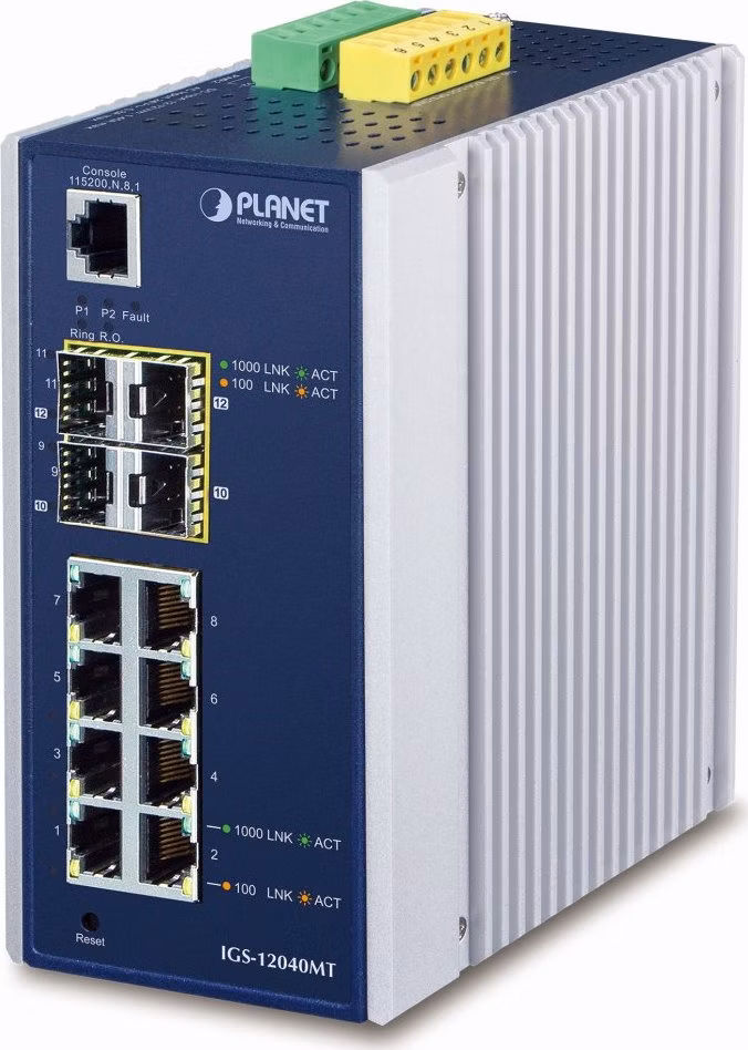 Planet IGS-12040MT L3 switch, 8x1Gb, 2x1Gb SFP, 2x2.5Gb SFP, dual 12-72VDC, -40~75°C, IP30