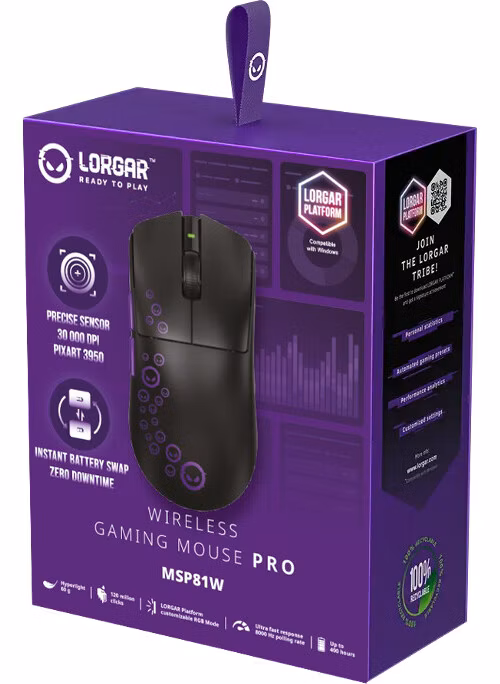 Lorgar MSP81WWH, bezdrôtová herná myš, PixArt 3950, 30 000 DPI, Bluetooth 5.4, 2.4 GHz RF, USB-C, 6 tlačidiel