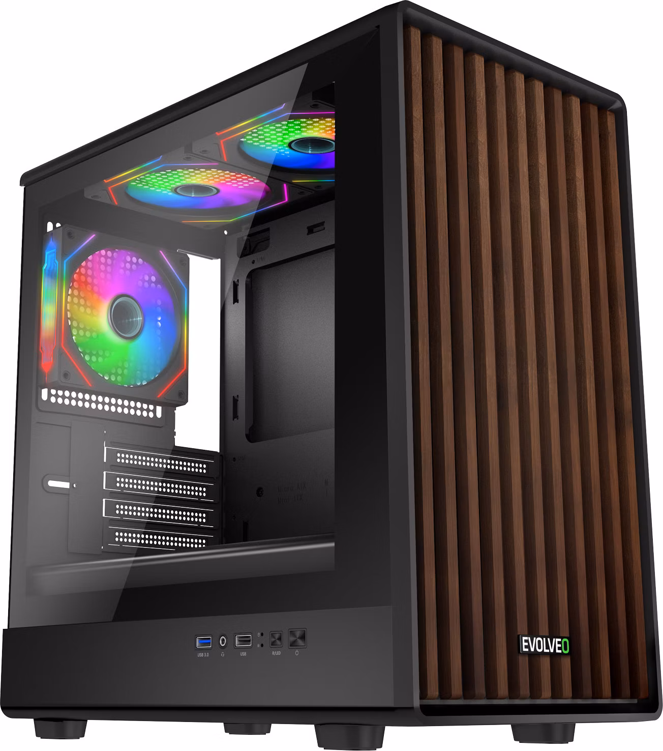 EVOLVEO Panthera, skříň mATX, 3x ARGB ventilátor 120mm, dřevěný přední panel + skleněná bočnice