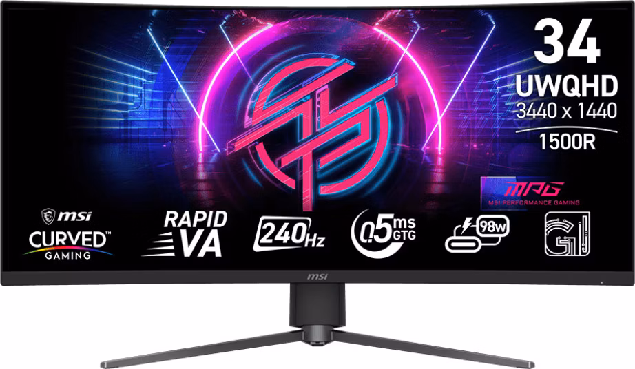 MSI Gaming monitor MPG 346CQRF X24, 34" Rapid VA zakřivený/3440x1440 (UWQHD)/240Hz/0,5ms/2xHDMI/DP/USB-A,B,C/Výšk.nastav