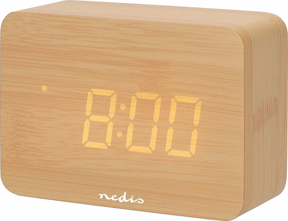NEDIS digitální stolní budík/ LED display/ podsvícení/ funkce odloženého buzení/ zobrazení data/ vnitřní teplota/ dřevěný