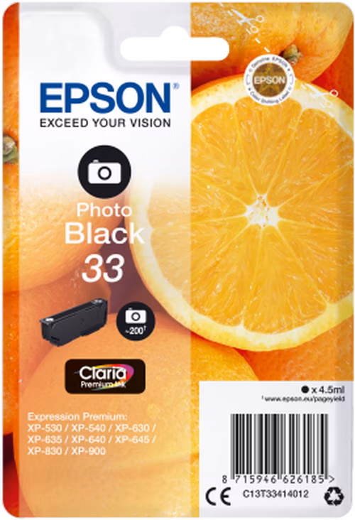 Čierny atrament EPSON v jednom balení "Orange" Photo Black 33 Claria Premium Ink