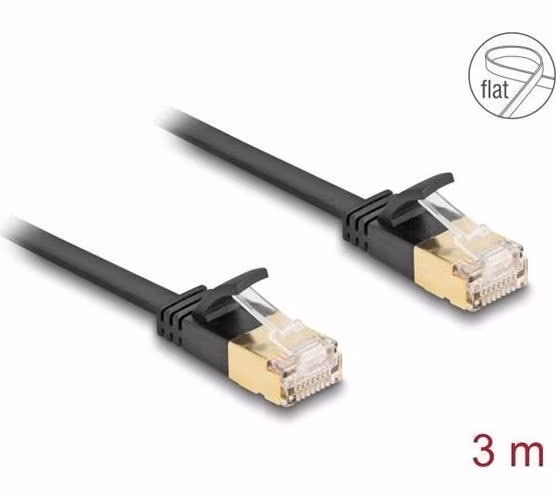 Delock Síťový kabel RJ45 Cat.6A, ze zástrčky na zástrčku, s robustní západkou a hrubým plochým kabelem Cat.7, U/FTP, 3 m