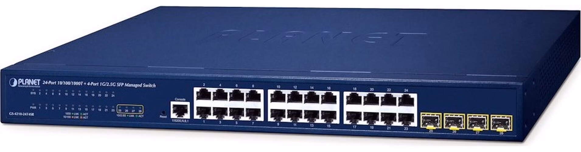Planet GS-4210-24T4SR L2 switch, 24x 1Gb, 4x 1000/2500Mb SFP, QoS, fanless, 2x power-in (AC+DC)