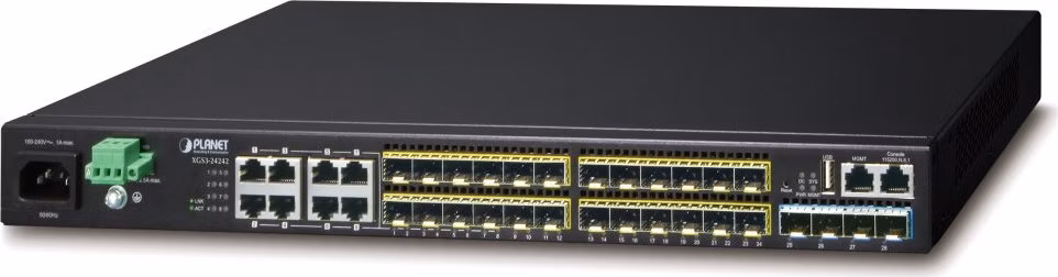 Planet XGS3-24242(v3) L3 switch, 8x1Gb, 24x1Gb SFP, 4x10Gb SFP+, HW/IP stack, 2xPower-in