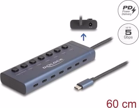 Delock USB 5 Gbps Hub se 7 porty USB Type-C™ se spínačem, z nichž 6 x datové porty a 1 x datový port s napájecím výkonem