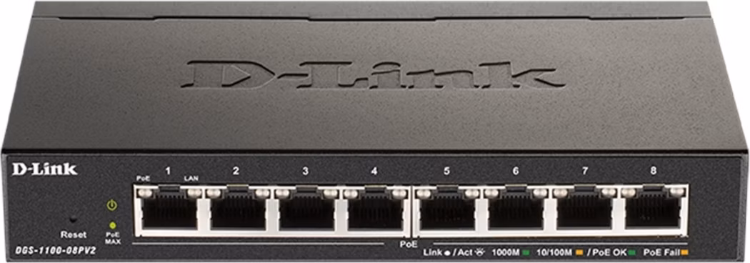 D-Link DGS-1100-08PV2 8-portový gigabitový inteligentný riadený prepínač PoE, rozpočet PoE 64 W, bez ventilátora