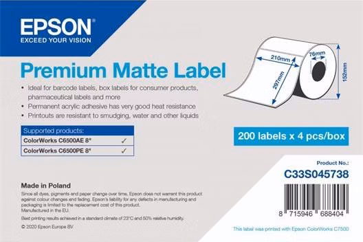 EPSON Premium Matte Label - Die Cut Roll: 210mm x 297mm, 200 labels