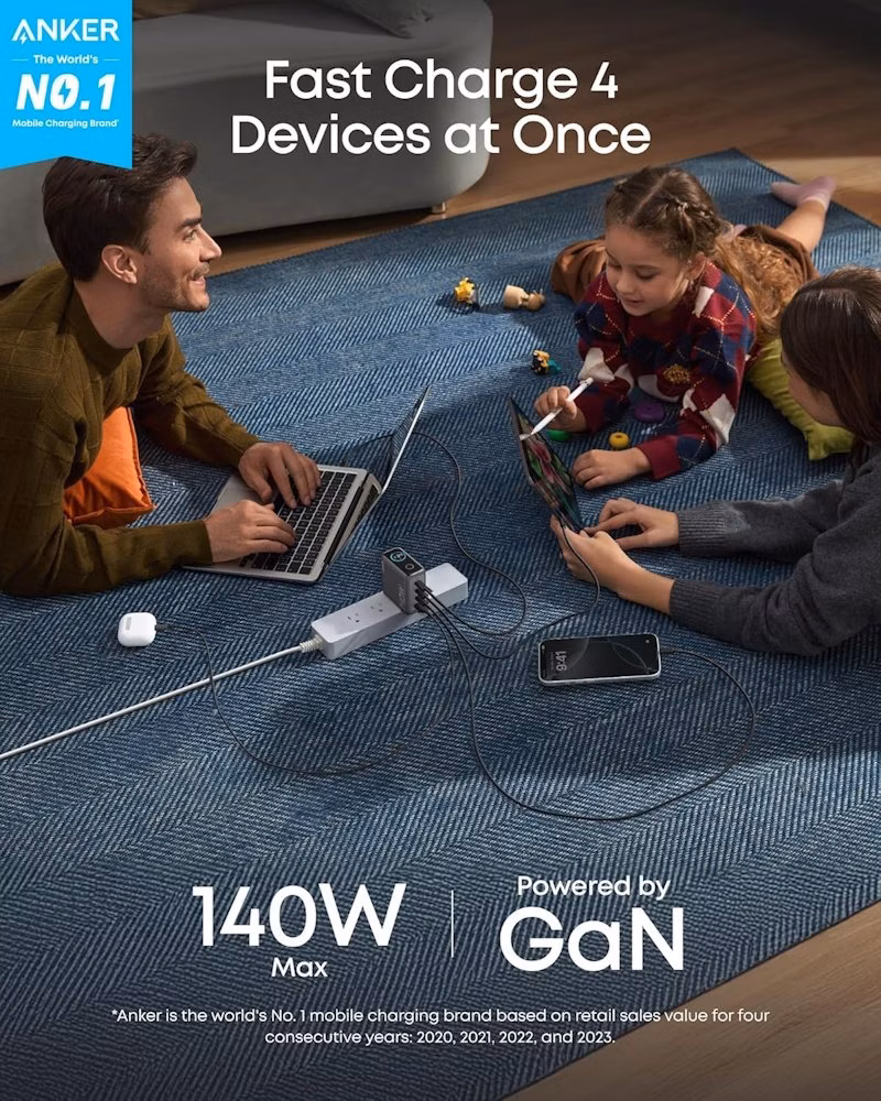 Anker Prime nabíječka/ 140W/ 3x USB-C/ USB/ displej/ šedá + USB-C kabel