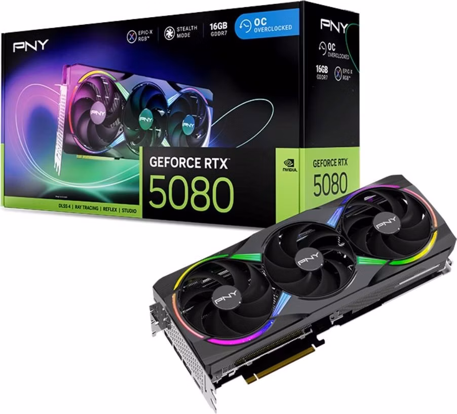 PNY VGA Nvidia GeForce RTX 5080 16GB ARGB OC Triple Fan, RTX 5080 OC, 16GB GDDR7, 3xDP, 1xHDMI