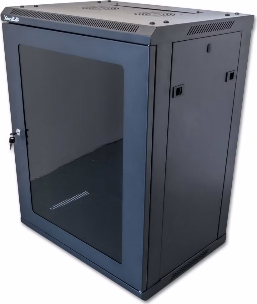 XtendLan 19" nástěnný rozvaděč 15U 600x450, nosnost 60 kg, skleněné kouřové dveře, rozložený, černý