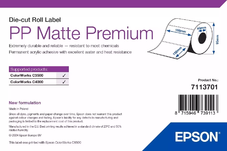 EPSON PP Matte Label Premium, Die-cut Roll, 105mm x 152mm, 185 Labels