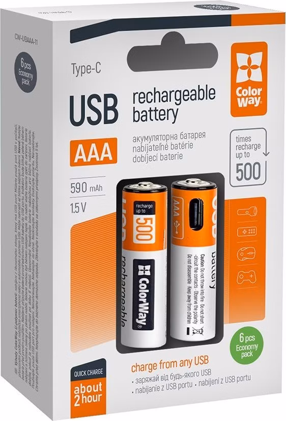 Colorway nabíjecí baterie AAA 590mAh/ USB-C/ 1.5V/ 6ks v balení