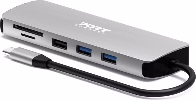 PORT CONNECT USB-C 1× 4K dokovacia stanica, 9v1, hliníková konštrukcia, 85W PD, strieborná