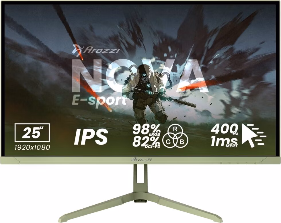 AROZZI NOVA herní monitor 24,5" 25T1K400 Forest Green/ LED/ IPS/ 1920x1080/ 400Hz/ 1000:1/ 1ms/ 2xHDMI/ 2xDP/ zelený