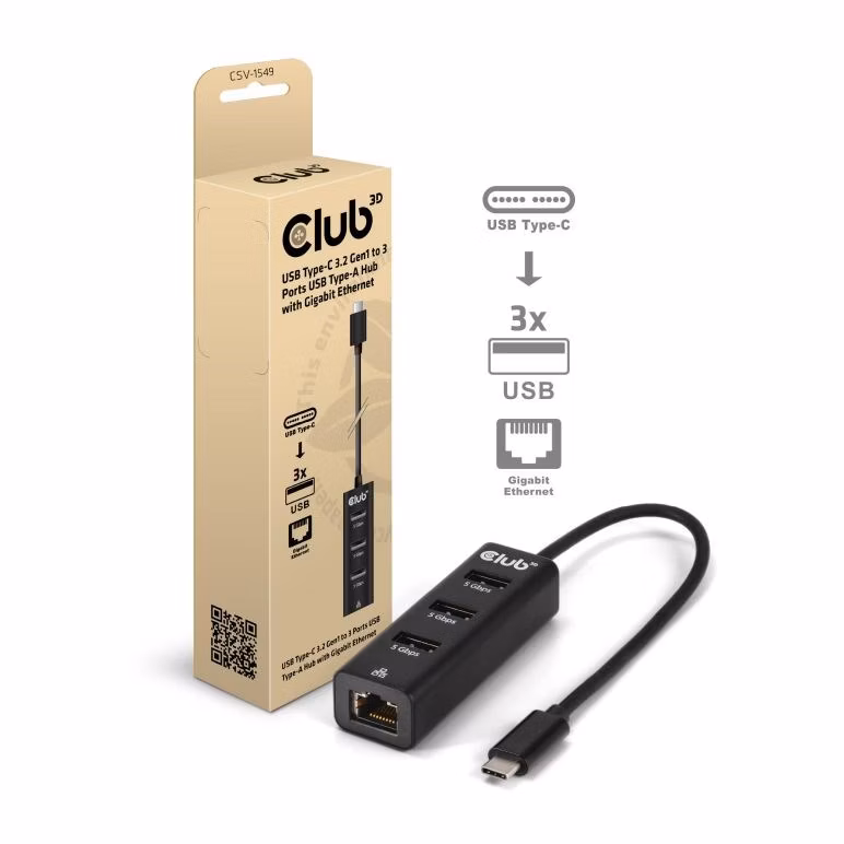 Club3D Dokovací stanice USB-C 4v1, 3xUSB, 1xRJ45, černá