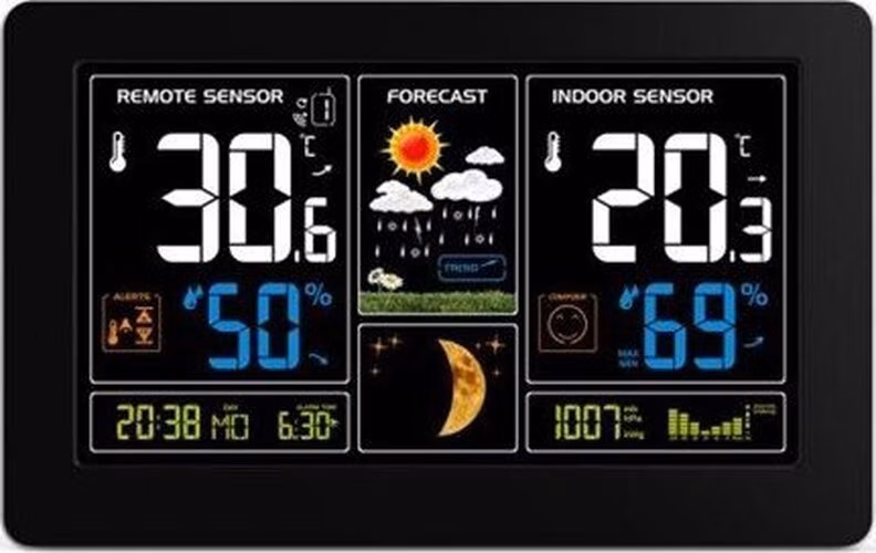 Solight meteostanica, extra veľký farebný LCD, teplota, vlhkosť, tlak, RCC, USb nabíjanie, čierna