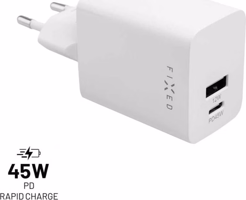 FIXED Mini Sieťová nabíjačka s USB-C a USB výstupom a podporou PD, 45W, biela