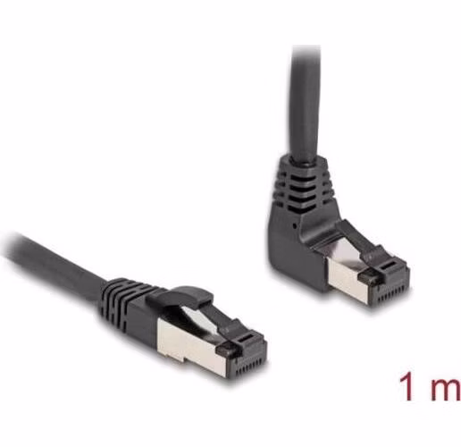Delock Síťový kabel RJ45 Cat.8.1 S/FTP, zalomený nahoru o 90° / přímý, 1m, černý