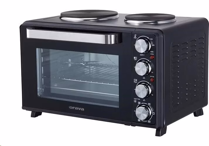 ORAVA Elektra X48 elektrická trouba s dvouplotýnkou 48 l černá, 2600 W, otočný rožeň, litinové plotýnky