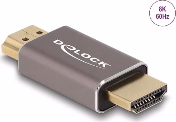 Delock Adaptér HDMI, ze zástrčky na zástrčky, 8K 60 Hz, šedá kovová