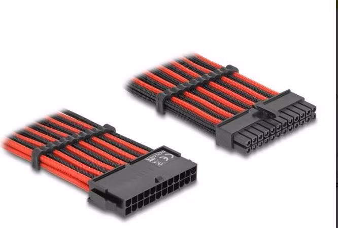 Delock Prodlužovací kabel z 24-pinové zástrčky ATX na 24-pinovou zásuvku ATX, s textilním opletením, červenočerný, 30 cm