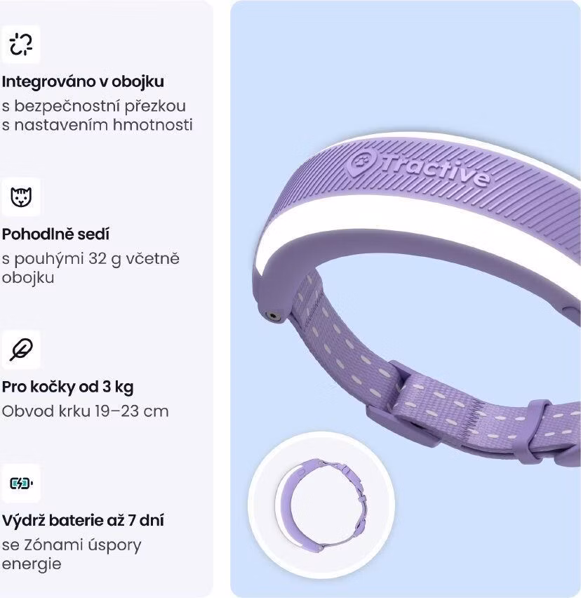 Tractive CAT 6 Mini – chytrý GPS lokátor pro kočky a monitor zdraví s integrovaným obojkem - levandulový