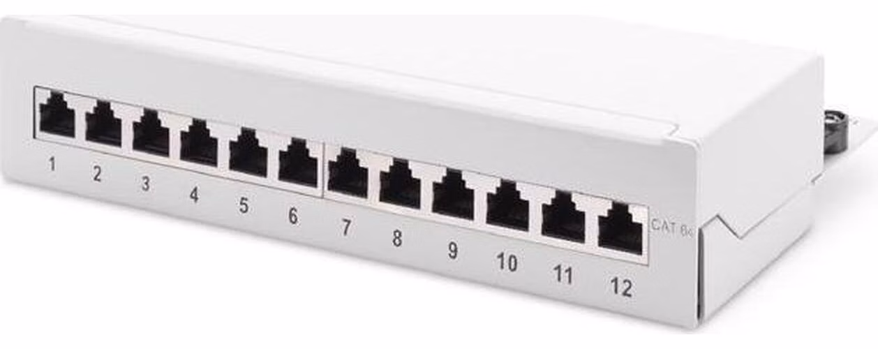 DIGITUS Desktop CAT 6A, patch panel, stíněné třídy EA, 12 portů RJ45, 8P8C, LSA, šedá RAL 7035