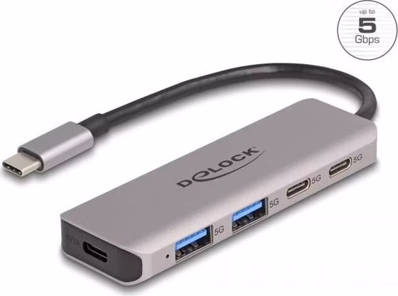 Delock Dvouportový rozbočovač sítě USB 5 Gbps se dvěma porty USB Type-C™, se dvěma porty Typu-A a s konektorem USB Type-C™