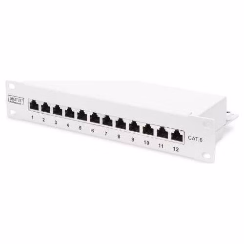 DIGITUS CAT 6, patch panel třídy E, stíněný, 12 portů RJ45 8P8C, LSA, 1U, 254 mm (10 "), montáž do stojanu, šedá