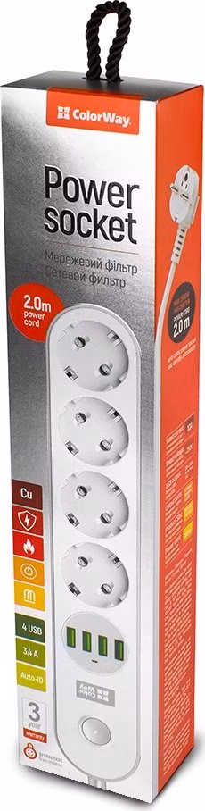 COLORWAY Prodlužovací napájecí přívod/ 4x Schuko/ 4x USB 5V / kabel 2m